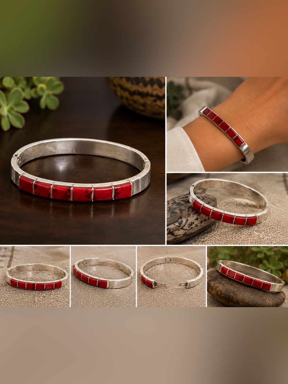 925 Sterling Silver Red Jasper Bracelet | Vintage Mexico Hinged Cuff Bangle